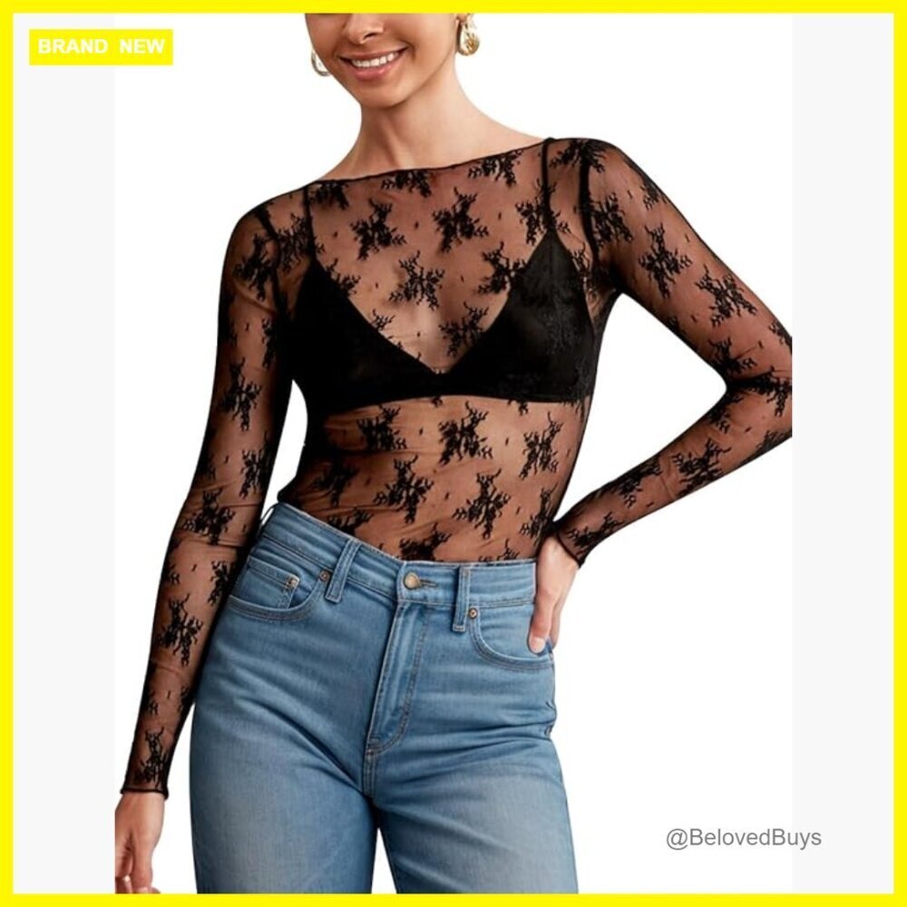 Sheer Lace Long Sleeve Boat Neck Mesh Top Floral Embroidery Fitted S-XXL